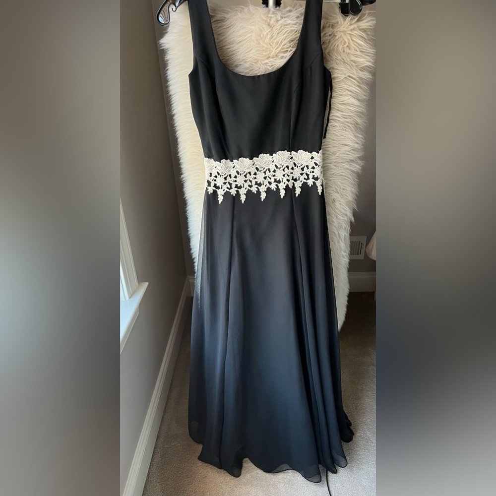 Alfred Angelo, formal black dress with lace flower appliqué